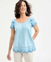 Style & Co Petite Embroidered Flutter-Sleeve Top, Exclusively at Macy's