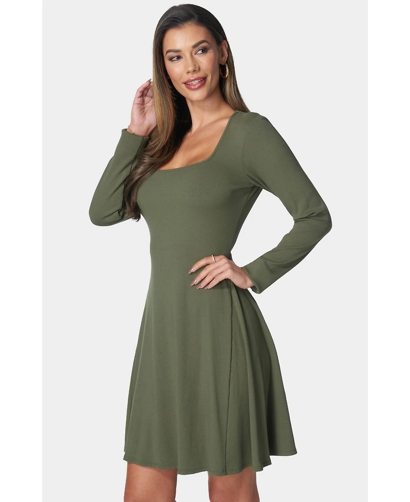 Bebe Women's Rib Long Sleeve Godet Dress