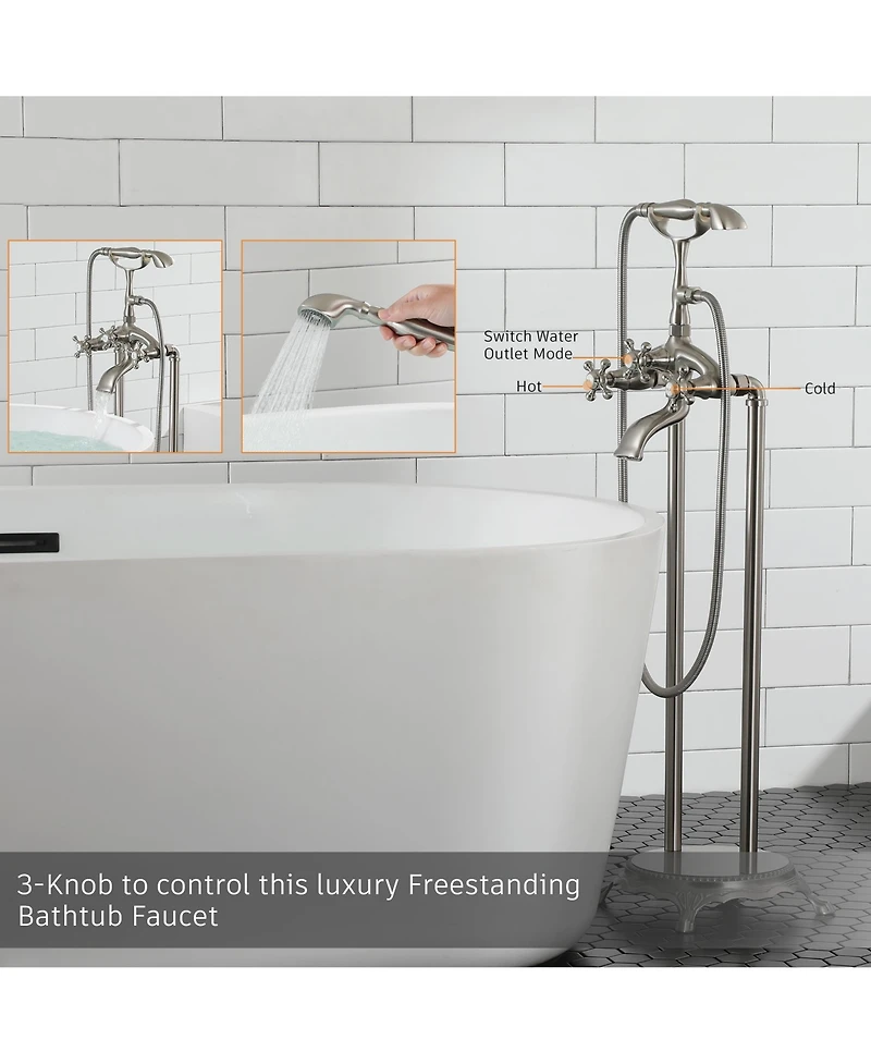 Brushed Nickel Freestanding Faucet Bathtub Floor Mount Tub Filler with Handheld Shower Spray Lever Telephone Shape Bathroom Mixing Tap