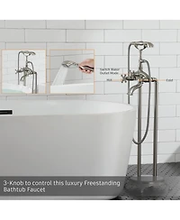 Brushed Nickel Freestanding Faucet Bathtub Floor Mount Tub Filler with Handheld Shower Spray Lever Telephone Shape Bathroom Mixing Tap
