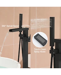 Freestanding Bathtub Faucet Bathtub Tub Filler Floor Mount Bathroom Faucets Brass Single Handle Tub Faucet with Handheld Spray, Brushed Nickel