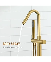 Brushed Gold Floor Mounted Tub Filler Shower Faucet Single Handle Freestanding Bathtub Faucet Bathtub Shower Mixer Tap with Handheld Shower Sprayer