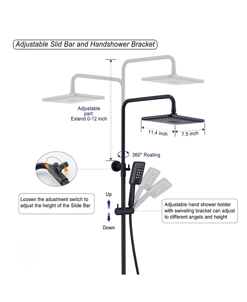 Thermostatic rain shower faucet Exposed Wall Mount Handheld Shower Set, Matte Black
