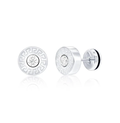 Stainless Steel, 10mm Round Greek Key Cz Studs