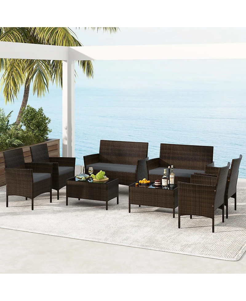 Gymax 8 Pcs Rattan Outdoor Patio Conversation Set Wicker Furniture Set w/ Chair Loveseat
