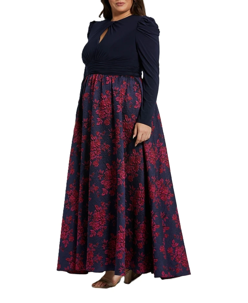 Mac Duggal Plus Long Sleeve Keyhole Knot Neck Floral Bottom Gown
