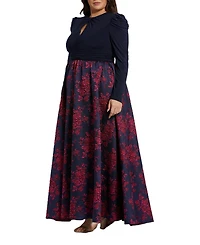 Mac Duggal Plus Long Sleeve Keyhole Knot Neck Floral Bottom Gown