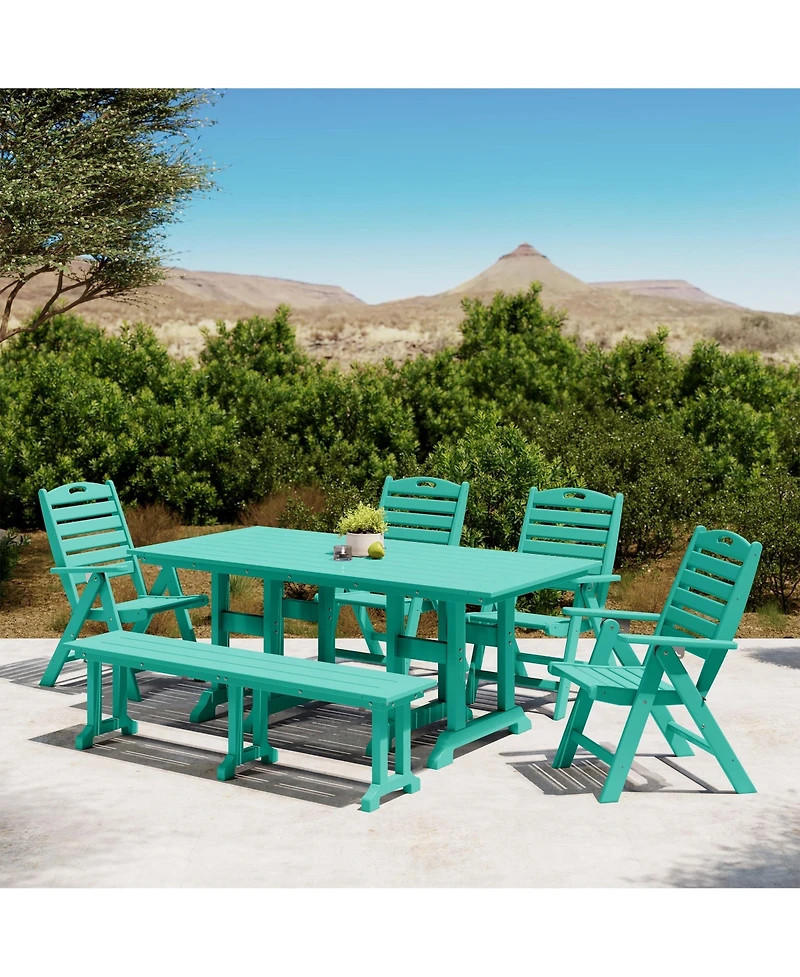 6-Piece Hdpe Rectangular Patio Dining Table Set with Foldable Chairs and Patio Bench