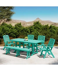 6-Piece Hdpe Rectangular Patio Dining Table Set with Foldable Chairs and Patio Bench