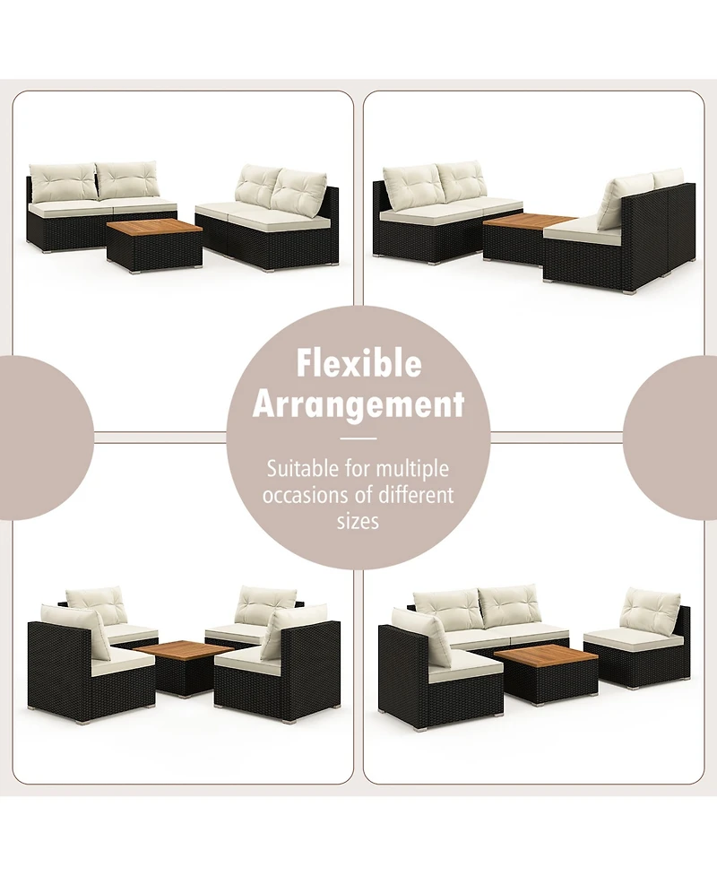 Gymax 5 Pcs Rattan Sofa Set Outdoor Wicker Furniture Set w/ Back Cushions & Square Coffee Table