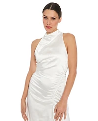 London Times Petite Satin Side-Ruched Cowlneck Midi Dress