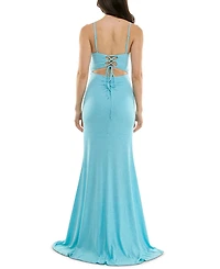 Juniors' Side-Ruched Lace-Up-Back Glitter Gown, Created for Macy's