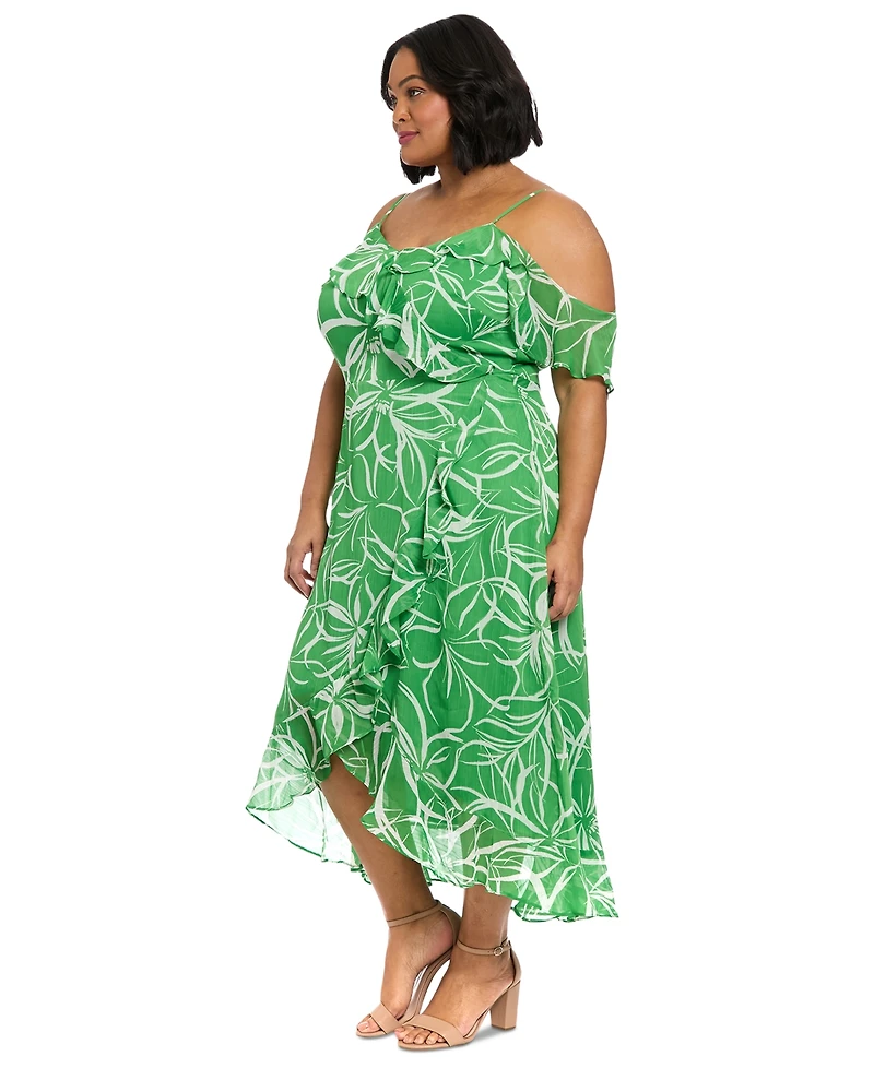 London Times Plus Size Printed Cold-Shoulder Ruffle Dress