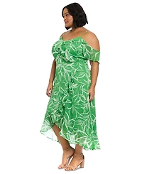 London Times Plus Size Printed Cold-Shoulder Ruffle Dress