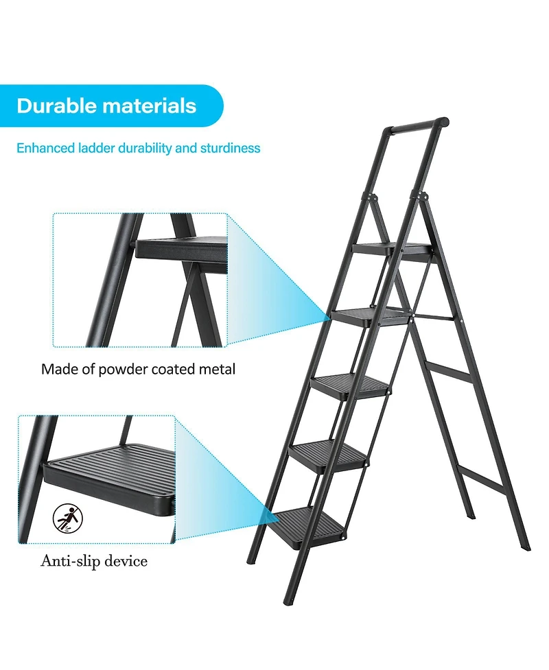 5 Aluminum Step Ladder, 5 Step Stool Folding Step Stool with Handrails, Sturdy Step Stool for Adult, Gorilla Ladders 500LBS Capacity Sturdy& Portable