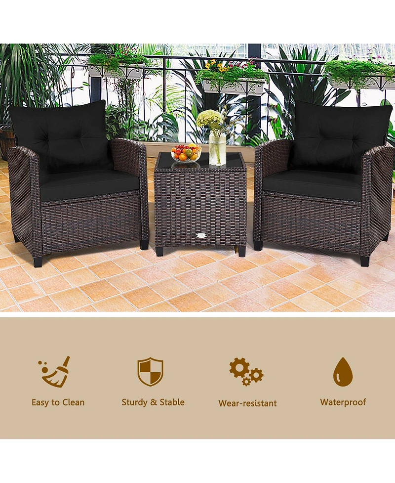 Gymax 3PCS Outdoor Patio Rattan Conversation Set Garden Yard w/ Cushions Coffee Table