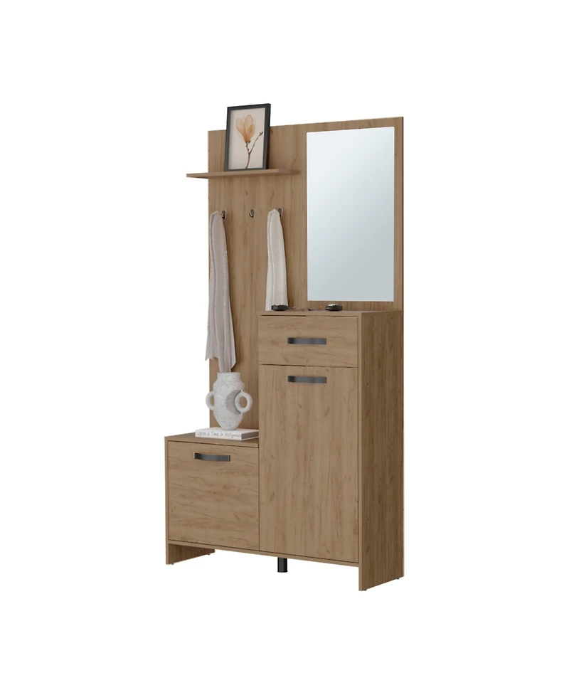 Fm Furniture Elko Hall Tree Multistorage with a Mirror, Natural Oak
