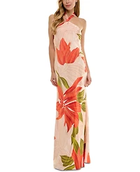 Seni & Cade Juniors' Printed Halter-Neck Satin Long Dress