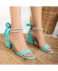 Illy Low Block Heel Sandals with Pearls
