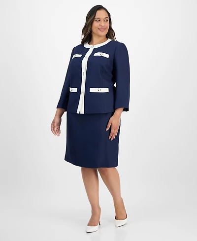 Le Suit Plus Tipped 3/4-Sleeve Jacket And Skirt Set