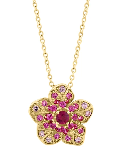 Effy Pink Sapphire (5/8 ct. t.w.) & Ruby (1/10 ct. t.w.) Flower Pendant Necklace in 14k Rose Gold, 17" + 1" extender