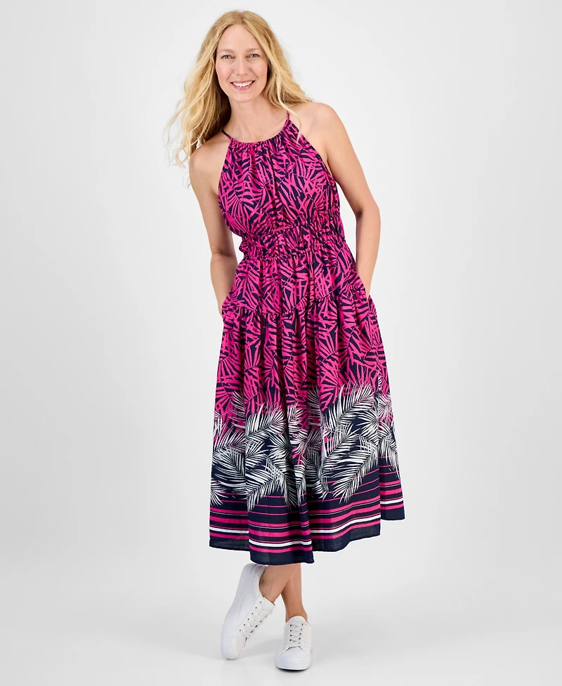 Nautica Jeans Women's Palm-Print Halter Midi Dress