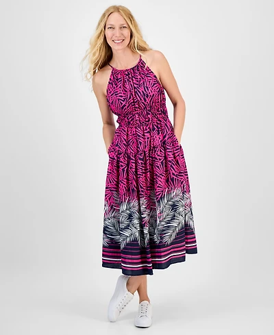 Nautica Jeans Women's Palm-Print Halter Midi Dress