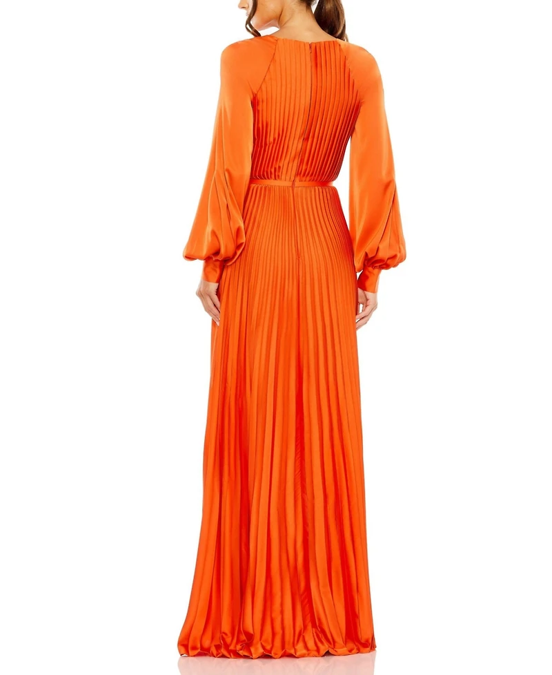 Mac Duggal Women's Pleated High Neck Raglan Long Sleeve Side Slit Gown