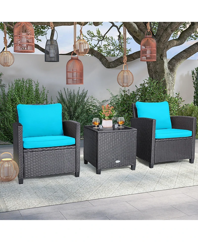 Gymax 3PCS Patio Outdoor Rattan Conversation Set Garden Yard w/ Cushion