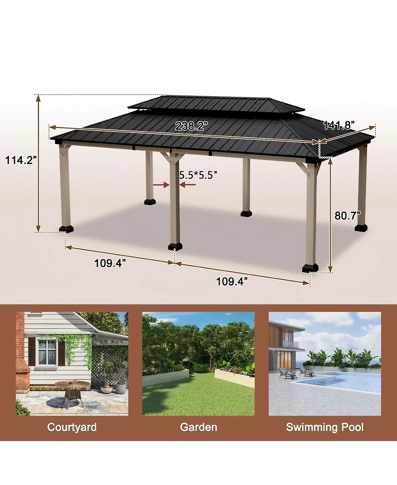 12 x 20 Feet Cedar Solid Wood Frame, Galvanized Steel Double Top Gazebo