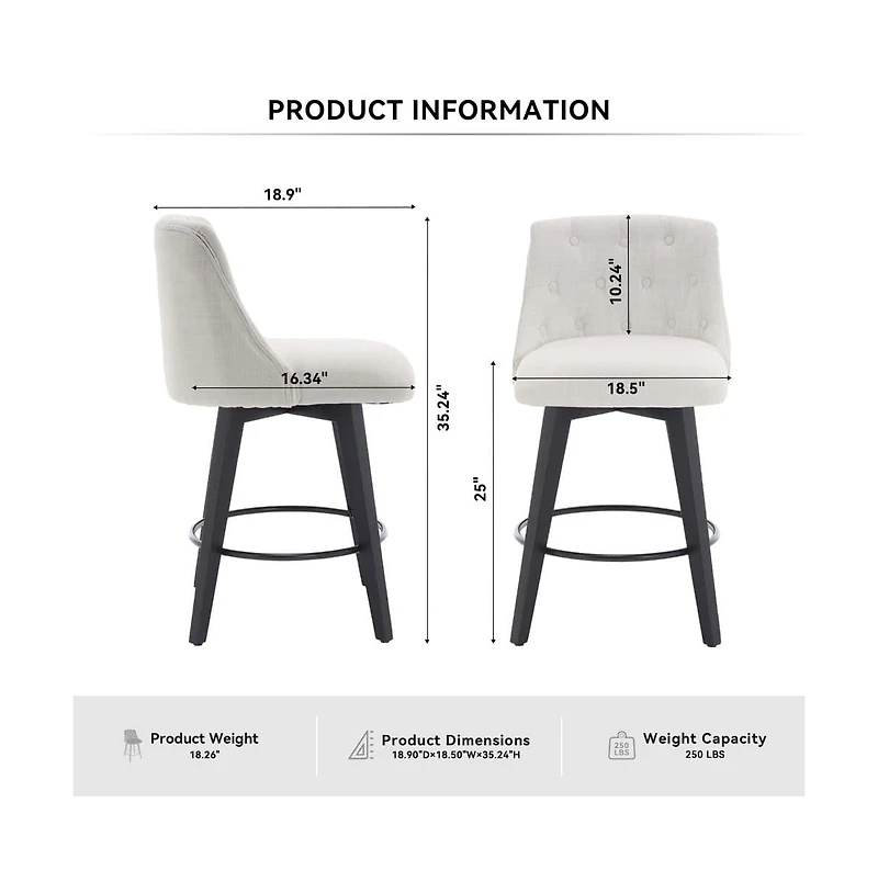 Set of 2 Swivel 25'' Counter Height Stools, Linen Upholstered Kitchen Island Chairs with Tufted Back -The Pop Home