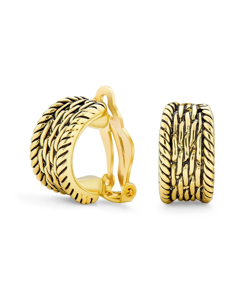 Bling Jewelry Twisted Cable Chain Weave Wide Half Hoop Clip On Earrings For Non Pierced Ears Oxidized Gold Plated Brass