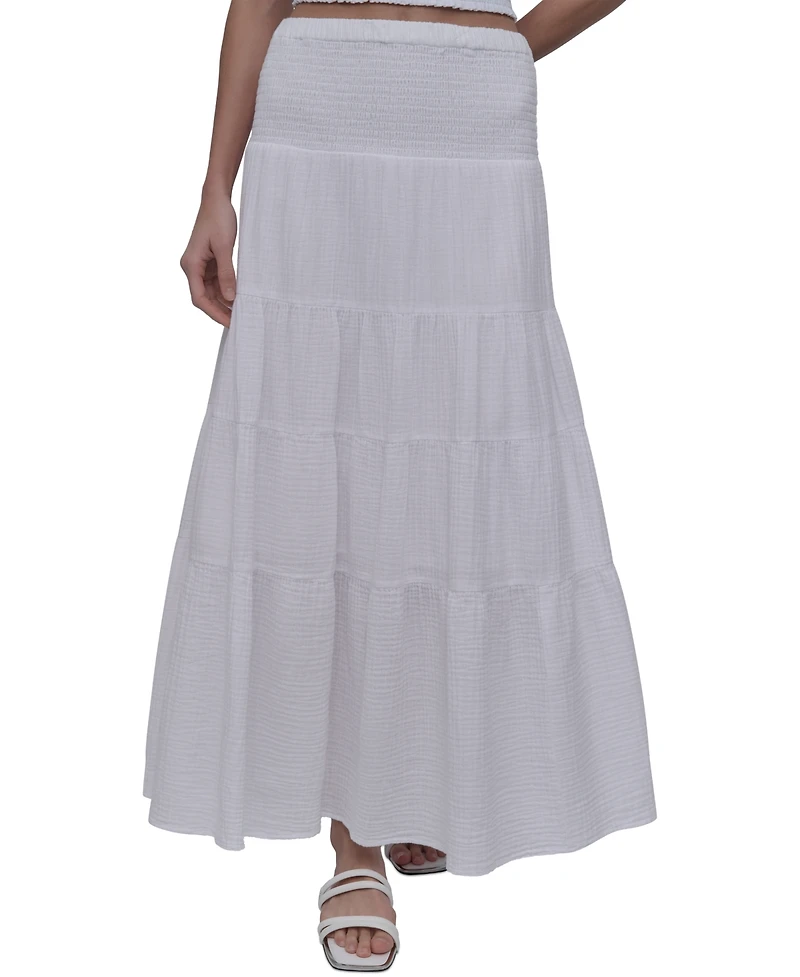 Dkny Jeans Women's Cotton Smocked-Waist Tiered Maxi Skirt