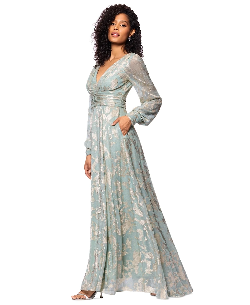 Betsy & Adam Petite V-Neck Long-Sleeve A-Line Gown