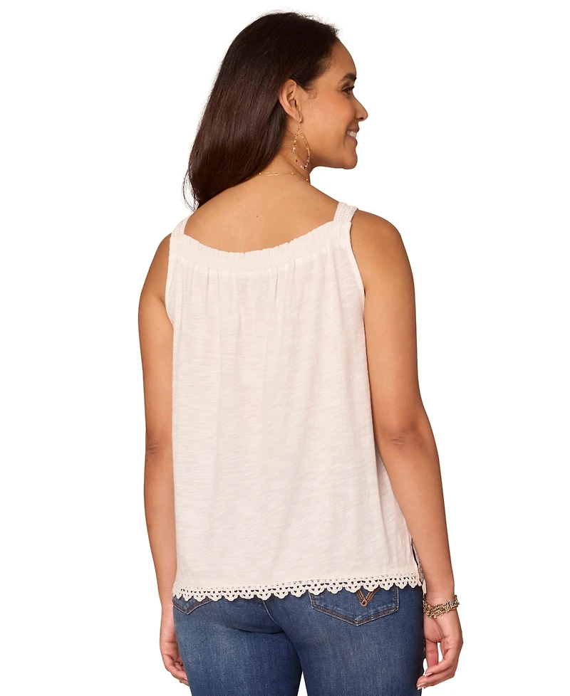 Democracy Petite Ruched Embroidered Square-Neck Top