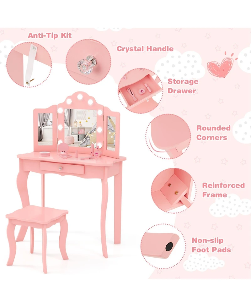 Kid Vanity Table Stool Set with Tri-Folding Mirror and 3-Color Led Lights
