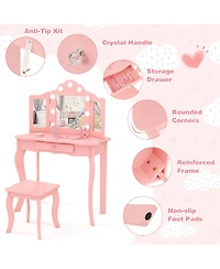 Kid Vanity Table Stool Set with Tri-Folding Mirror and 3-Color Led Lights