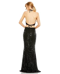 Mac Duggal Women's Cut Out Halter Tie Back Sequin Gown