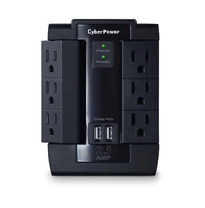 6 Outlet 2 Usb Surge Protector - Black