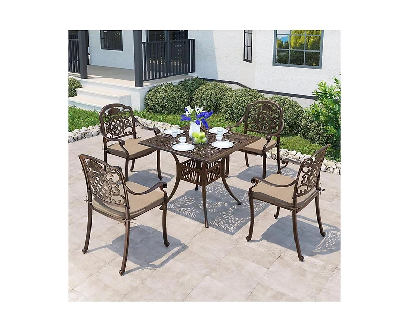 Piece Cast Aluminum Outdoor Patio Dining Set with Brown Cushions