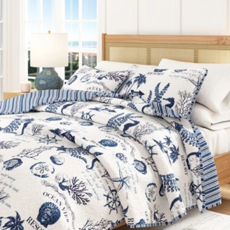 Linery Co. Navy Nautical Pattern Microfiber Quilt Set With Shams
