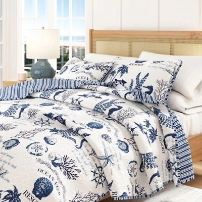 Linery Co. Navy Nautical Pattern Microfiber Quilt Set With Shams