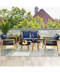 Gymax 5 Piece Patio Rattan Woven Conversation Set Stable Acacia Wood Frame for Backyard w/ Coffee Table