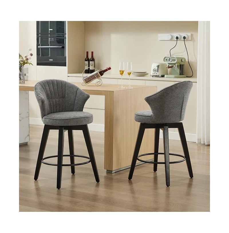 Set of 2 Swivel Counter Height Stools, 24.6" Chenille Upholstered Chairs with Wingback & Solid Wood Legs for Kitchen Island-The Pop Home