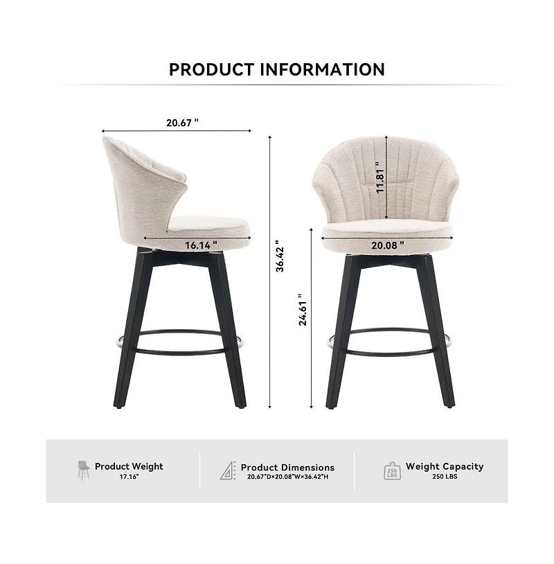 Set of 2 Swivel Counter Height Stools, 24.6" Chenille Upholstered Chairs with Wingback & Solid Wood Legs for Kitchen Island-The Pop Home
