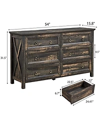 Farmhouse 6 Drawers Dresser for Bedroom, Wood Rustic Wide Chest of Drawers, Storage Dressers Organizer for Bedroom, Living Room, Hallway,Dark Rustic O