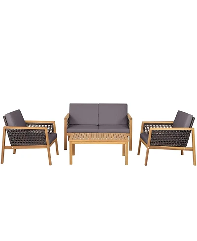 Gymax Piece Patio Pe Rattan Conversation Set Acacia Wood Furniture Set w/ Cushions
