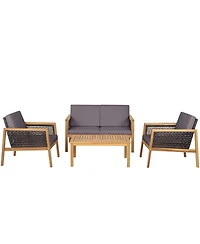 Gymax Piece Patio Pe Rattan Conversation Set Acacia Wood Furniture Set w/ Cushions