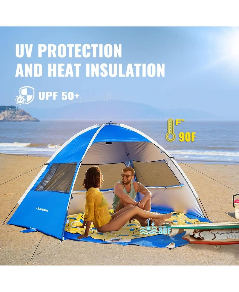 EchoSmile Beach Tent Sun Shelter for 3 Person, Beach Canopy Sun Protection Upf 50+, Easy Setup & Lightweight & Portable Cabana Tent Sun Shade for Baby