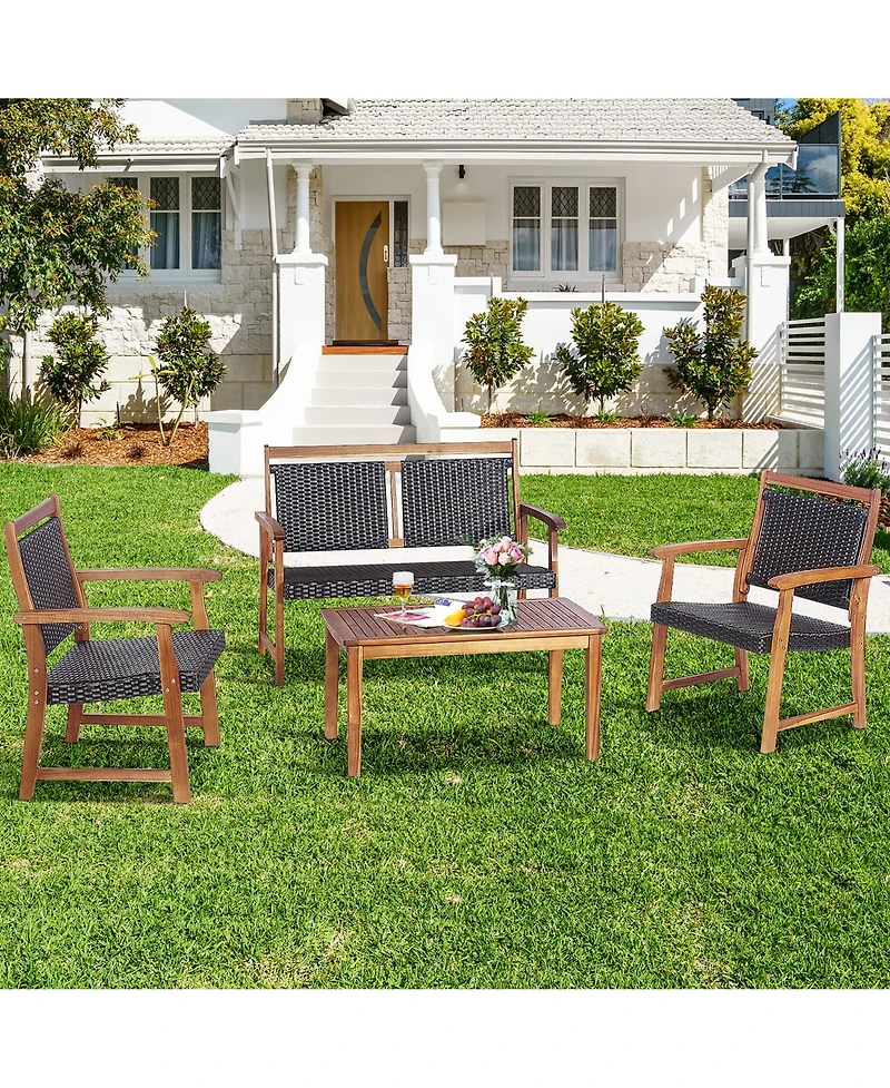 Gymax 4 Piece Outdoor Acacia Wood Furniture Set Patio Rattan Conversation Set w/ Table